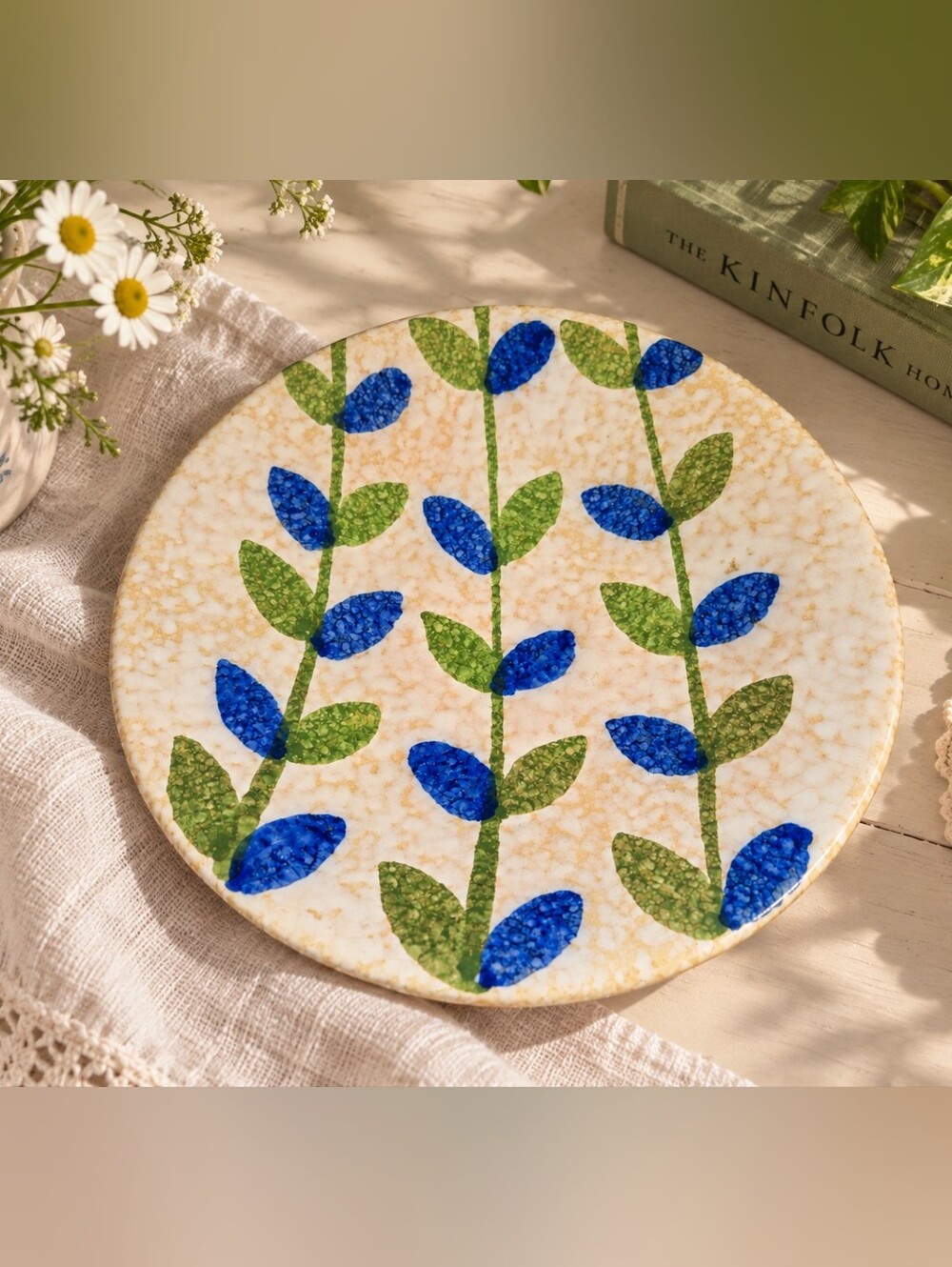Mexican Hand-Painted Ceramic Pottery Plate | Blue & Green Floral Design